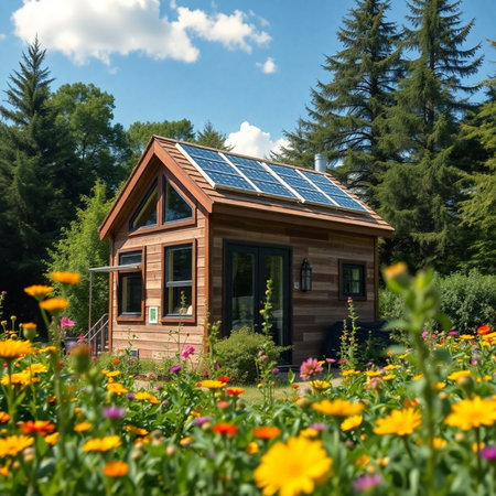 Wooden house with solar panels installed on the roof and flowers in the gardenの素材
