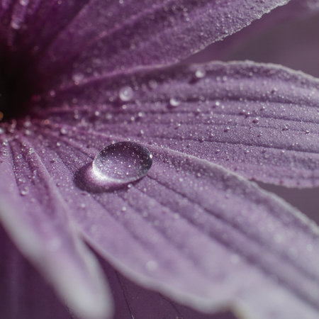 Drops of water on a purple flower petals close-upの素材