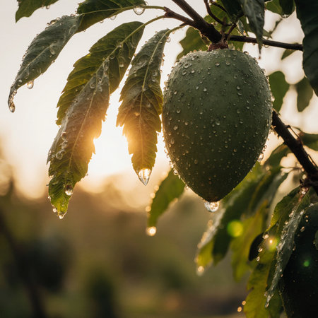 Water drops on the green mango tree in the garden at sunset.の素材