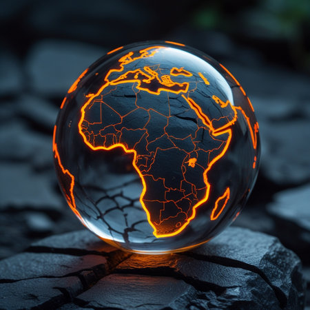 Glowing earth globe on cracked ground background. 3D rendering.の素材