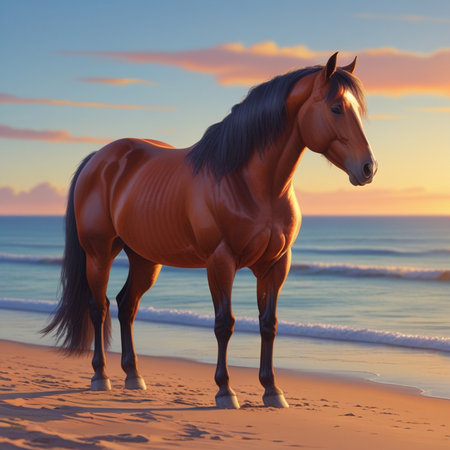 Beautiful bay horse standing on the beach at sunset. Nature backgroundの素材