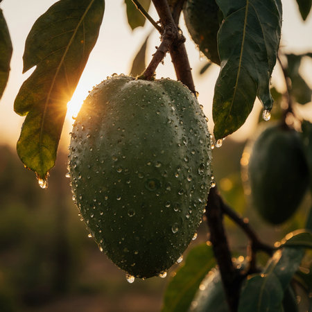 Green mango fruit on tree in the garden at sunset. Tropical fruitの素材