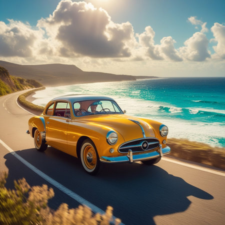 Vintage car on the road with beautiful seascape at sunsetの素材