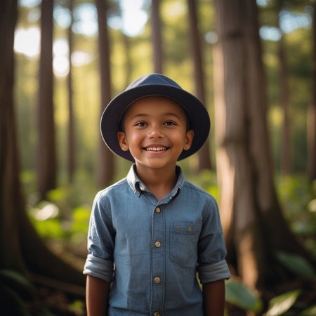 Portrait of a smiling little boy in a hat standing in the forestの素材