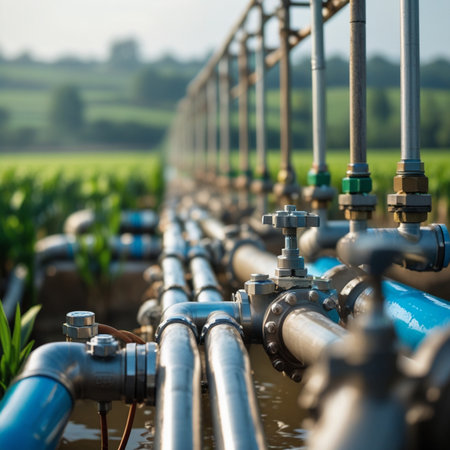 Pipes and valves on agricultural field, shallow depth of field.の素材