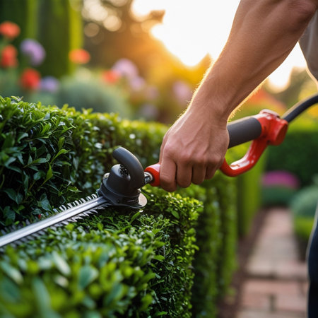 Man trimming hedge with hedge trimmer. Gardening, landscaping conceptの素材