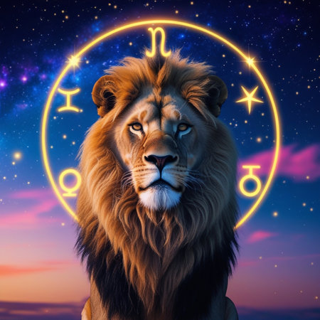 Lion in zodiac circle. Zodiac sign Leo. Astrology background.の素材