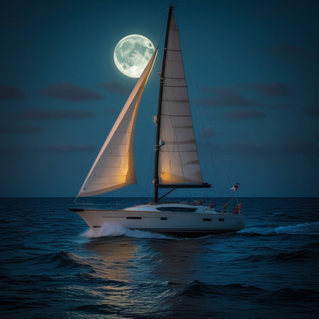 Sailing yacht on the sea at full moon night with full moonの素材