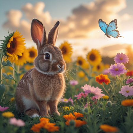 Rabbit and butterfly on flower meadow at sunset. 3d renderingの素材