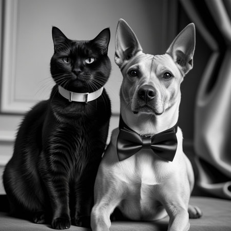 black and white portrait of a thoroughbred dog and cat in a bow tieの素材
