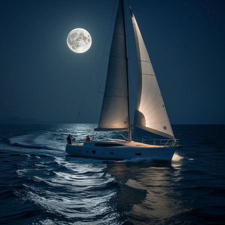 Sailing yacht in the sea at night with full moon background.の素材
