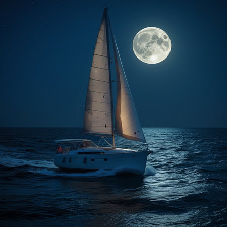 Sailing yacht in the sea at full moon night. 3D renderingの素材
