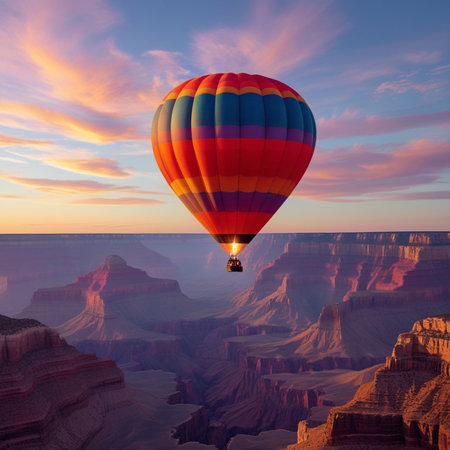 Hot air balloon flying over the Grand Canyon, Arizona, USA.の素材