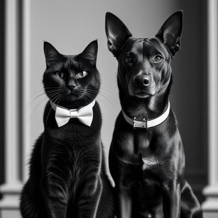 Black and white portrait of a thoroughbred dog and a cat.の素材