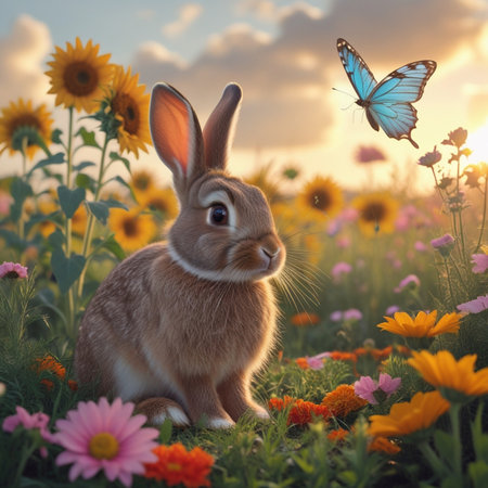 Easter bunny with flowers and butterfly on sunset background. 3D renderingの素材