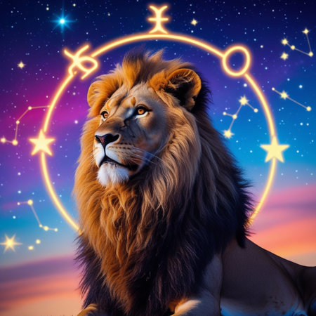 Lion in the starry sky. Zodiac sign Leo.の素材