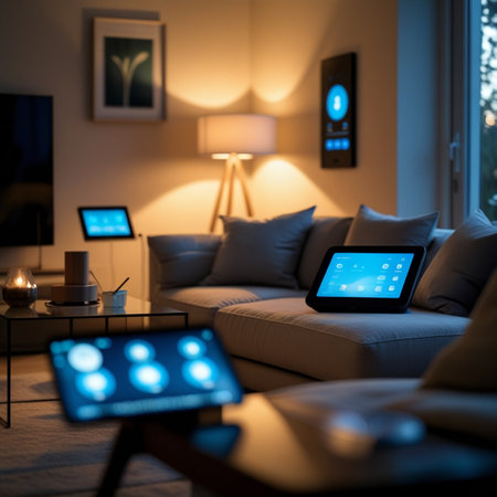 Tablet computer with app on screen in modern living room at nightの素材