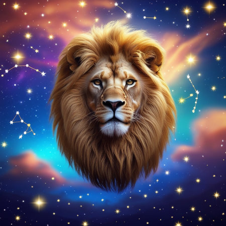 Lion on the background of the night sky with stars and space.の素材