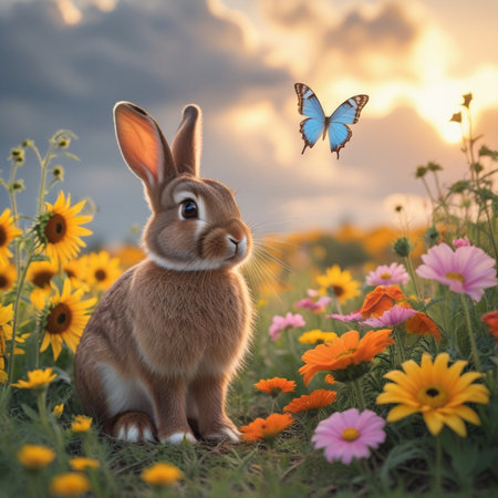 Easter bunny and butterfly in the field of flowers. Easter conceptの素材