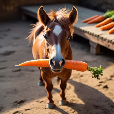 Horse with carrots in the farm. Selective focus on carrotsの素材