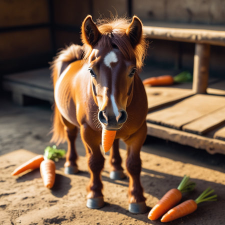 Horse with carrots in the paddock. Selective focus.の素材