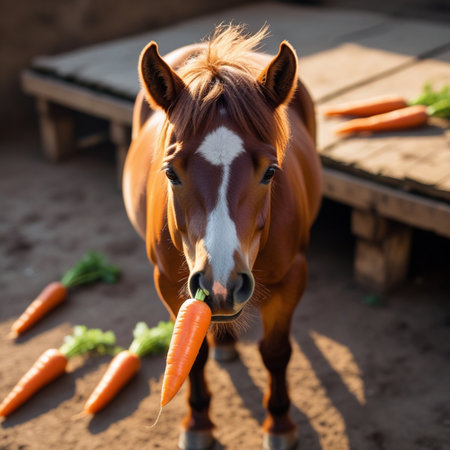 Horse eating carrots in the paddock. Selective focus.の素材