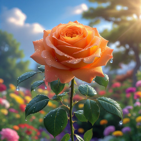 beautiful orange rose with dew drops on the background of the summer gardenの素材