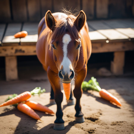 Horse in the paddock with carrot. Selective focus.の素材