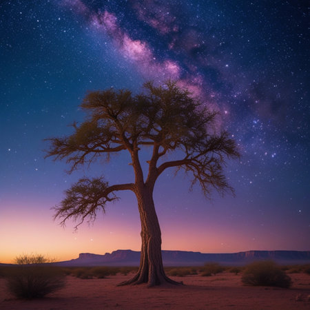 Beautiful starry sky with milky way over a tree in the desertの素材