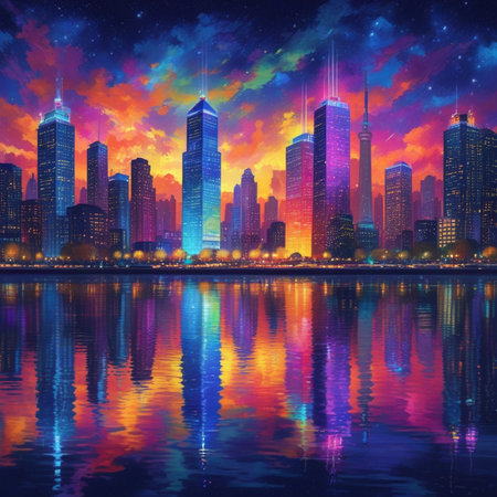 Illustration of skyscrapers at night with reflection in the lakeの素材
