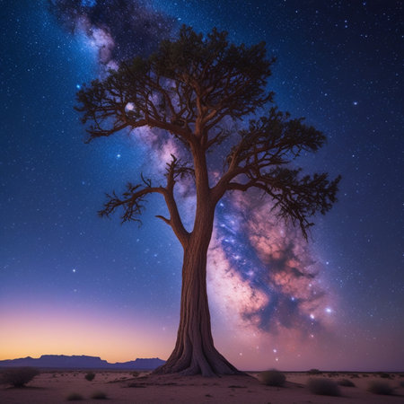 Beautiful night sky with milky way and tree in the desertの素材