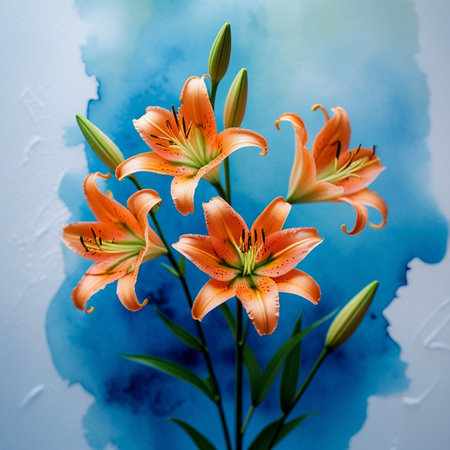 Beautiful orange lily flowers on a blue watercolor background.の素材