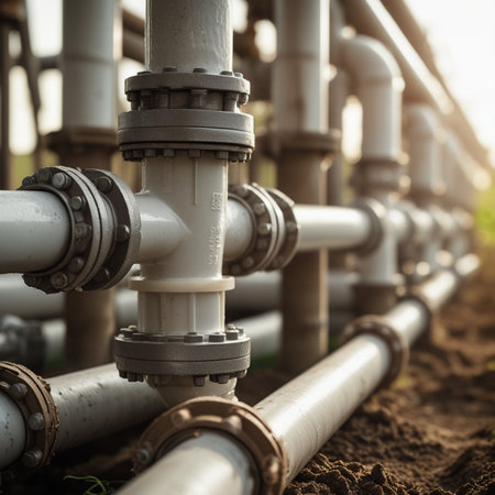 Pipes and valves on the oil field. Oil and gas industry.の素材