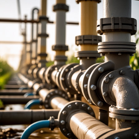 Pipes and valves on the oil field. Equipment for primary oil refining.の素材