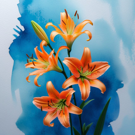 Beautiful orange lily flowers on a blue watercolor background.の素材