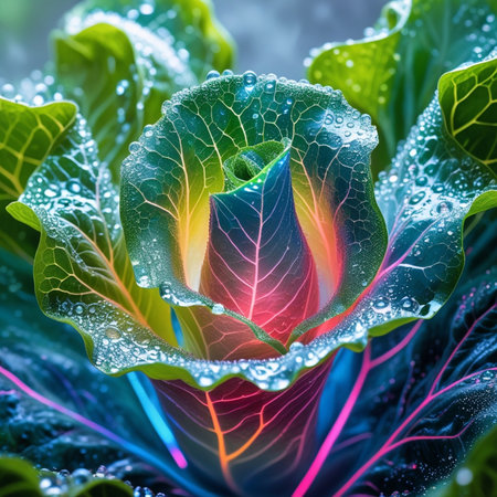Colorful cabbage with dew drops close-up macro photography.の素材