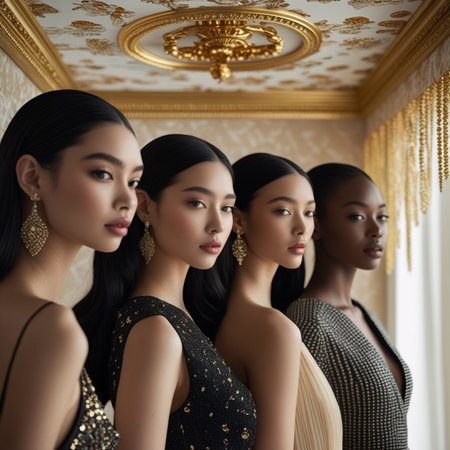 Group of three beautiful Asian women in elegant evening dresses posing in luxurious interiorの素材