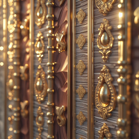 Close up of wooden door with gold ornament. Selective focus.の素材
