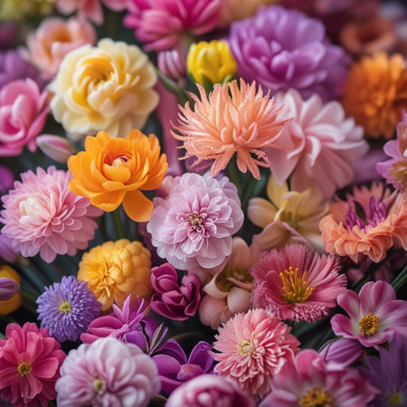 Colorful artificial flowers background. Floral pattern. Selective focus.の素材