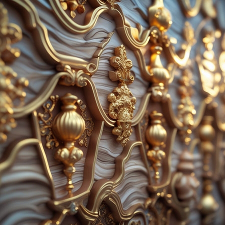 Close-up of gold ornament on a wall. Selective focus.の素材