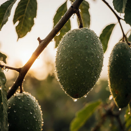 Fruit on the tree in the garden. Water drops on the fruit.の素材
