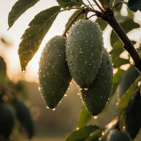 Green guacamole fruit on the tree with dew dropsの素材