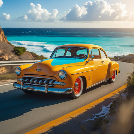 Vintage car on the road near the ocean. 3D renderingの素材