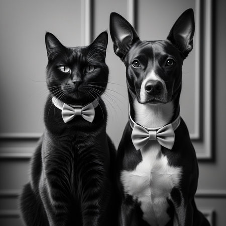 Black and white photo of a dog and cat in a bow tieの素材