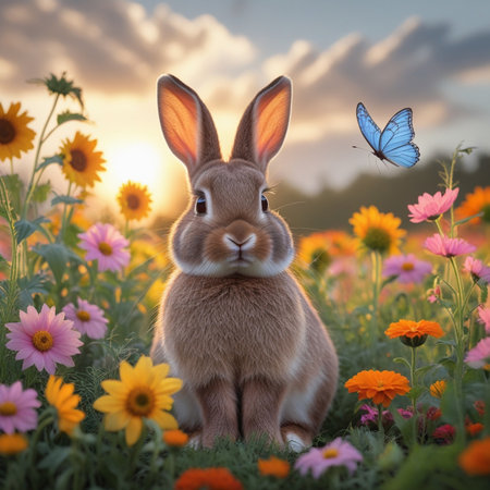 Easter bunny with butterfly sitting on flower meadow at sunset.の素材