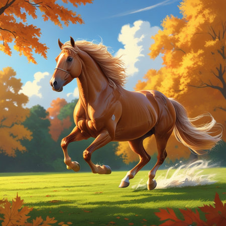 Horse running in the autumn forest. 3d render illustration.の素材