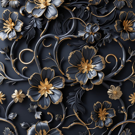 3d render, seamless pattern with gold floral ornament on black backgroundの素材