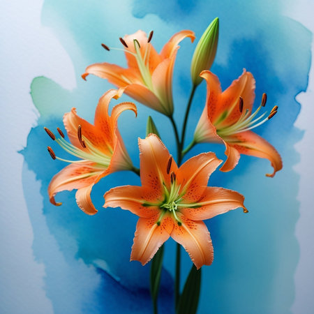 Orange lily flowers on blue watercolor background with copy space.の素材