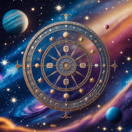 Zodiac wheel in space. Astrological background. 3D renderingの素材