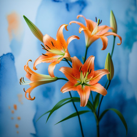 Beautiful orange lily flowers on a blue watercolor background.の素材